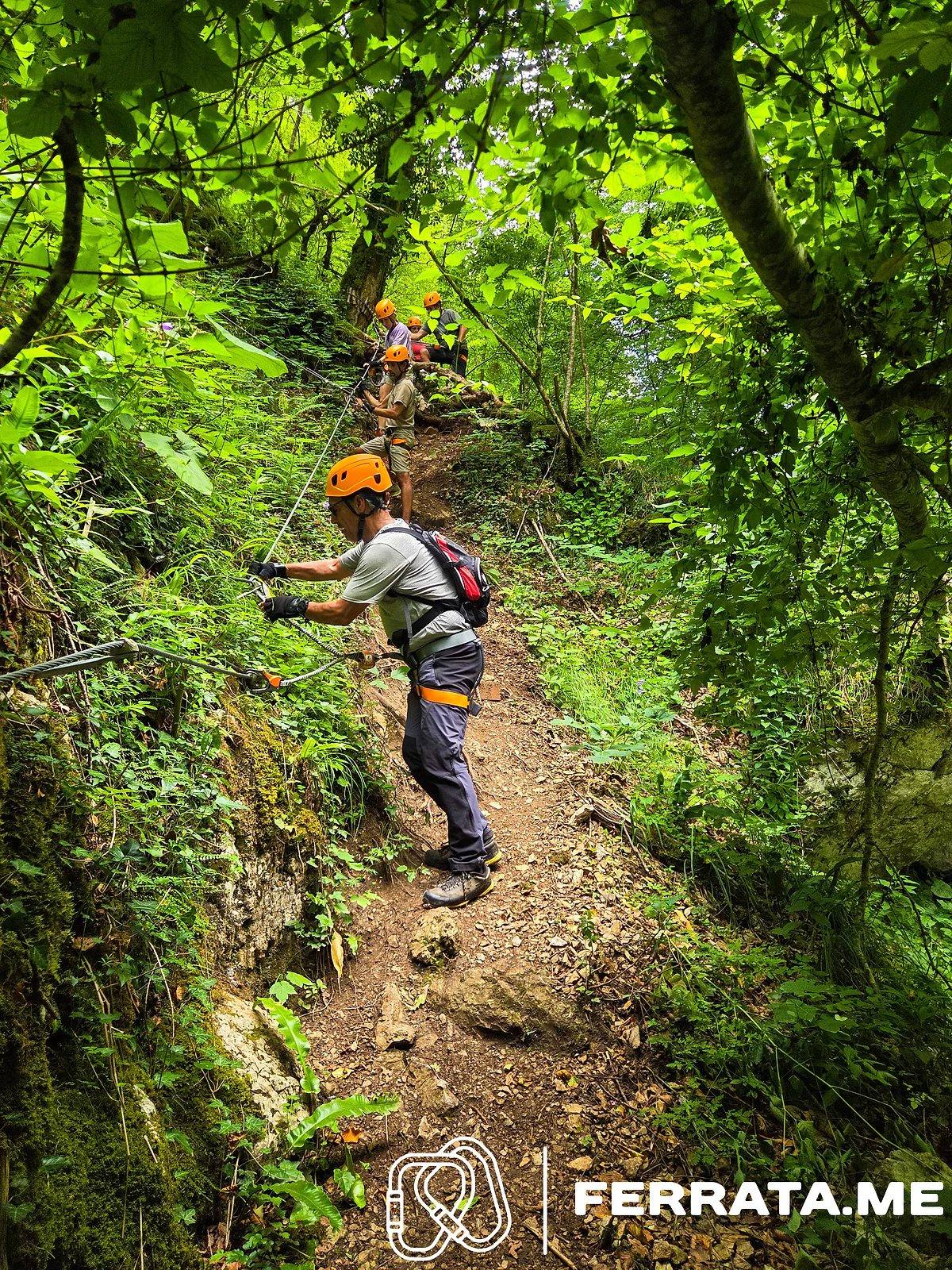 A man in an orange helmet holds the cable on a steep forest path, with more climbers in orange helmets on the slope above him under green trees.