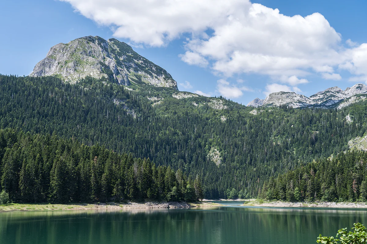 Black Lake lies still and green in front of a dark spruce forest, with the bare grey peak of Međed above it and more limestone peaks to the right under white clouds.